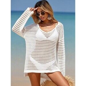Nratto Crochet  Cover Up Dress Bohemian Beach Resort Tunic Swim White SZ XS